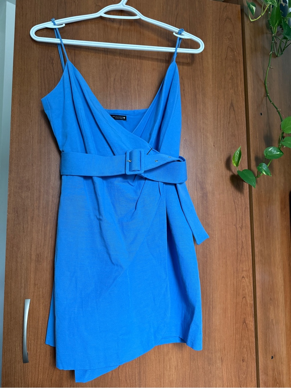 Zara Bright Blue Spaghetti-Strap Wrap Mini Dress with Belt